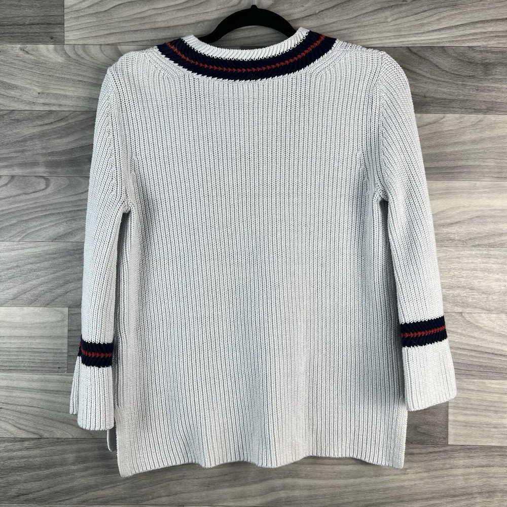 Cabi Pullover Sweater Women S White Striped 3/4 Flare Sleeve V Neck Cotton Blend - Picture 8 of 12